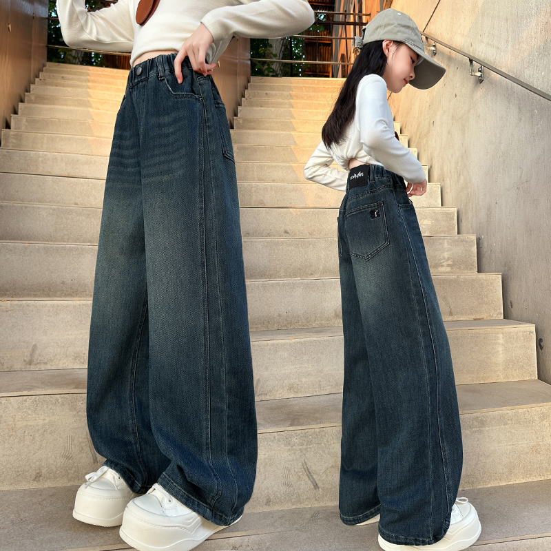 女童春秋季时尚宽松阔腿牛仔裤2025新款女孩洋气百搭裤子女童裤子