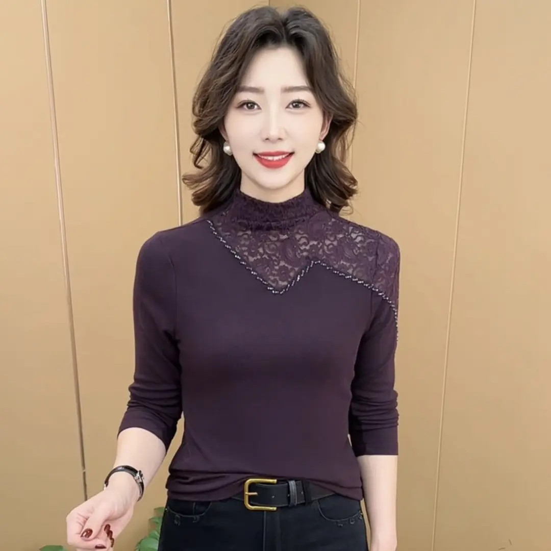 秋冬新款时尚半高领蕾丝拼接串珠纯色洋气减龄妈妈装打底衫K9825