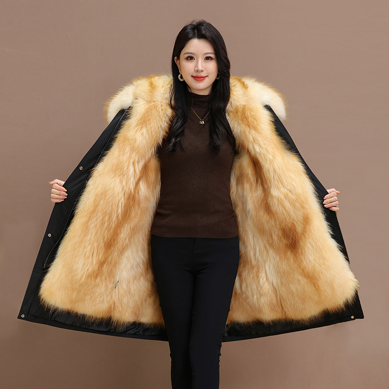 时尚精选妈妈装冬季长款宽松型暖绒动物派克服女加绒加厚棉服大衣