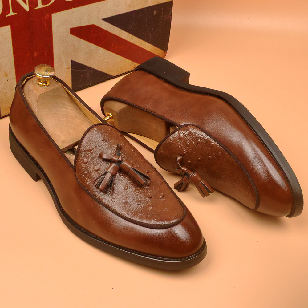 2025秋季新款男士一脚蹬流苏皮鞋英伦风尖头透气复古休闲男皮鞋潮