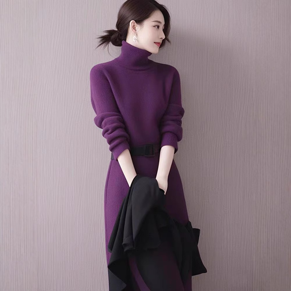 秋季高端精致长裙高级感超好看名媛高端温柔风紫色高领针织连衣裙