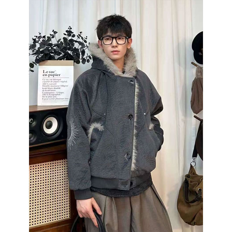 云陀绒座山雕连帽毛领棉服男款冬季皮毛一体加厚保暖短款棉衣外套