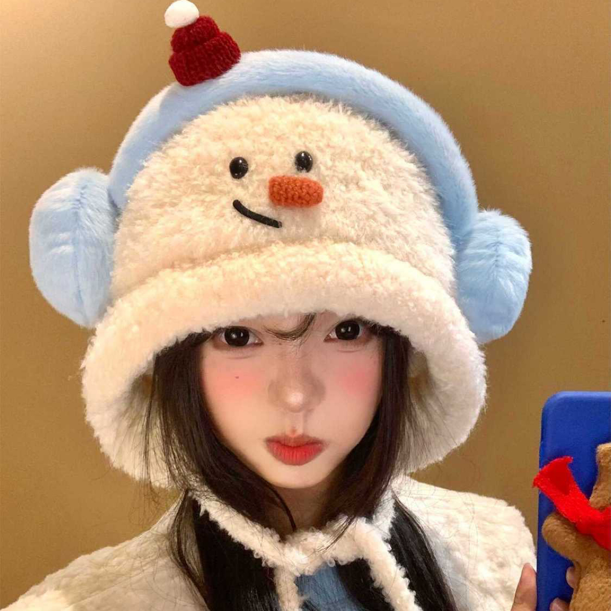 【宝贝】雪人护耳帽冬季毛绒加厚保暖帽系带防风帽通勤显脸小针织帽