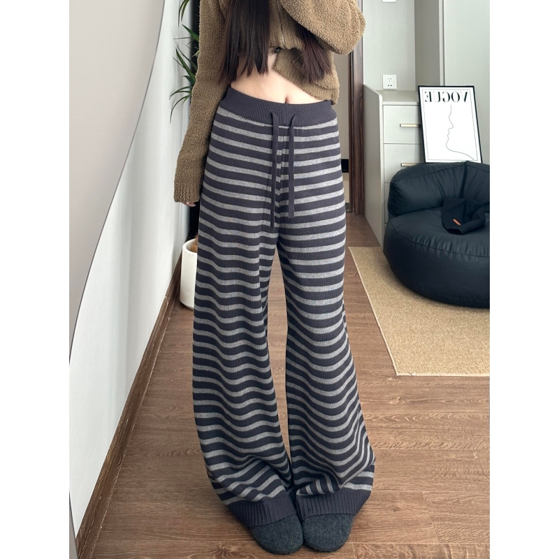 180高个子175加长复古条纹针织阔腿裤女显瘦慵懒垂坠感休闲拖地裤