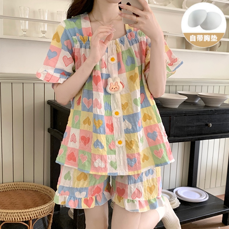 带胸垫公主风睡衣女夏季短袖薄款网红爆款高颜值家居服套装可外穿