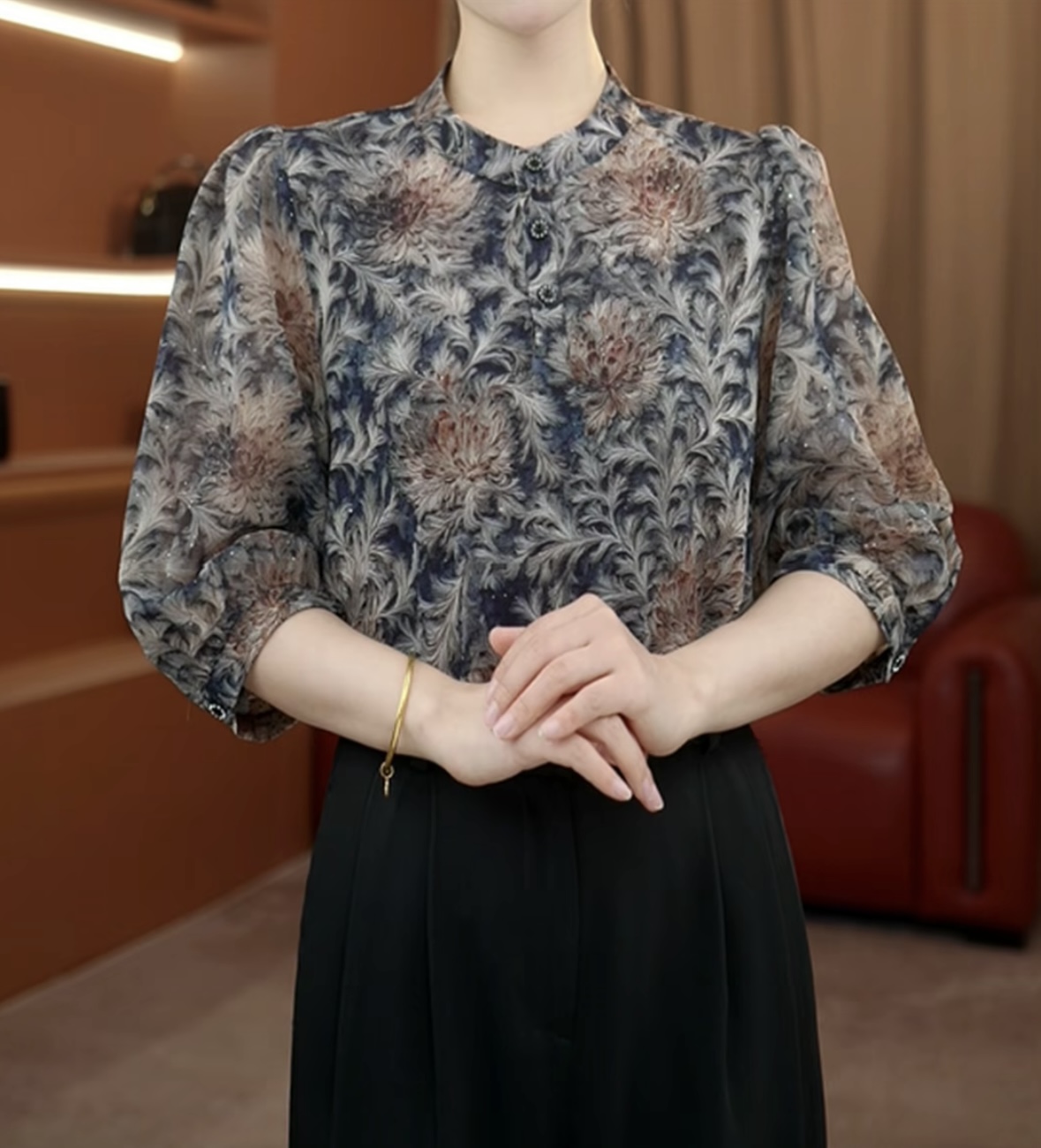 洒银工艺2025年新款夏季花色百搭上衣圆领优雅套头七分袖衬衫0713