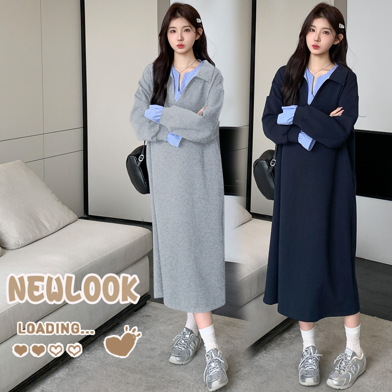 时尚孕妇秋装连衣裙优质弹力高克重曼巴棉拼接条纹长款裙子