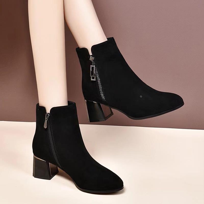 羊皮短靴女真皮软皮靴子2025新款秋冬尖头瘦瘦靴粗跟磨砂皮女靴女