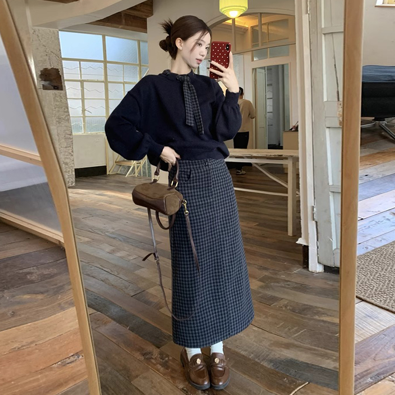 韩系小香风学院风毛衣针织连衣裙子女早秋季穿搭套装长裙8786