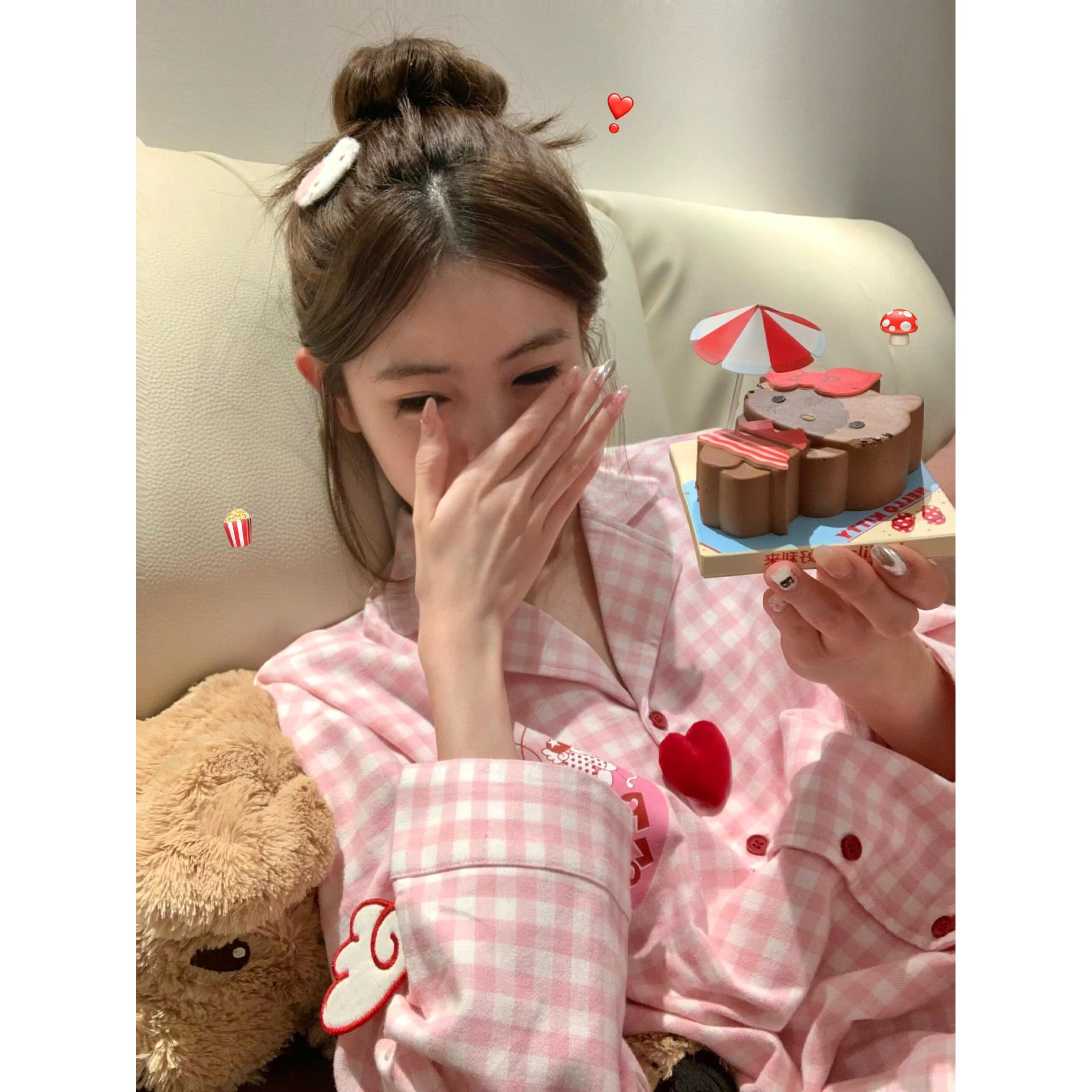 甜美可爱卡通印花格纹睡衣女春秋季新款开衫长裤家居服套装可外穿