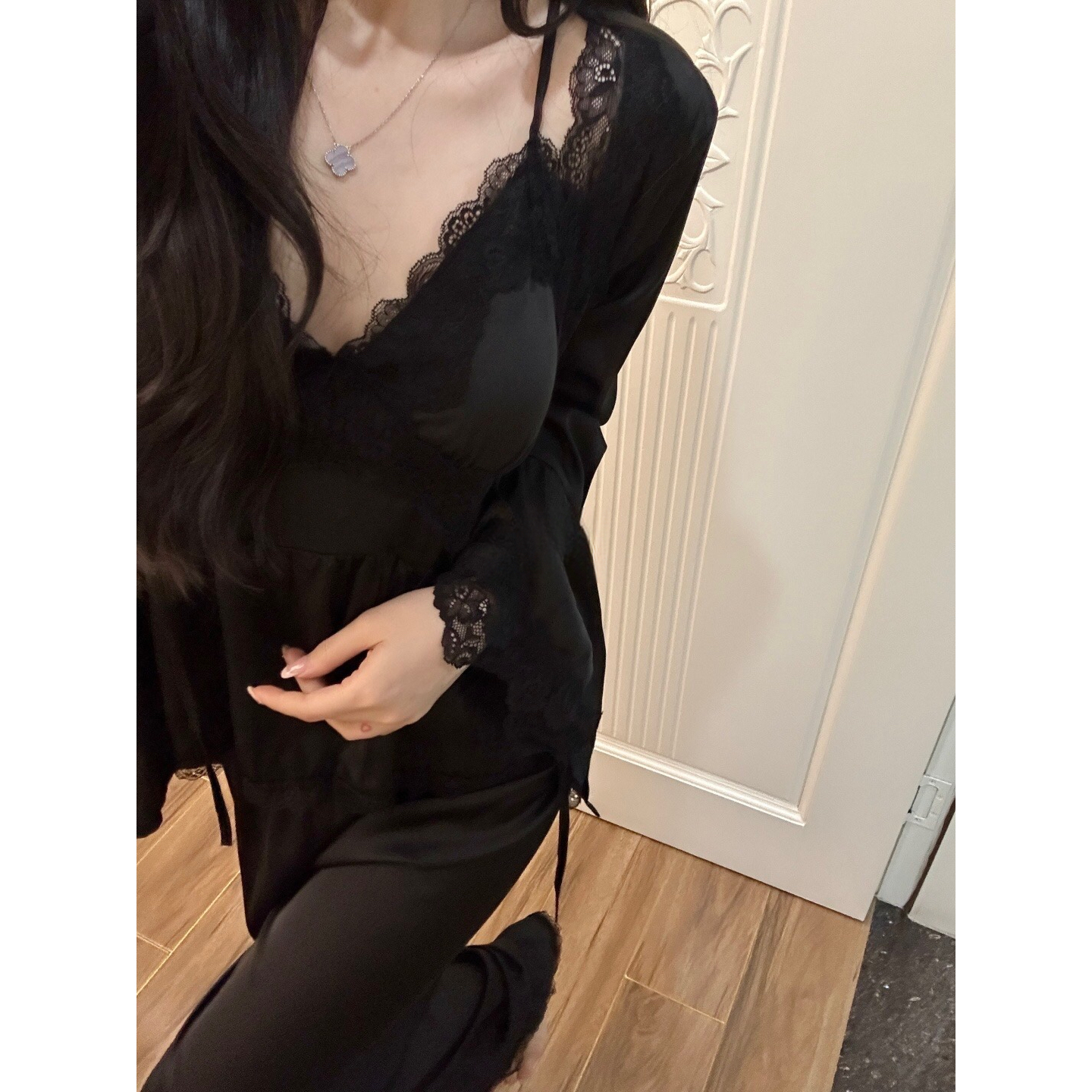 【性感纯欲风】黑色蕾丝边睡衣女春秋季2025新款三件套家居服外穿