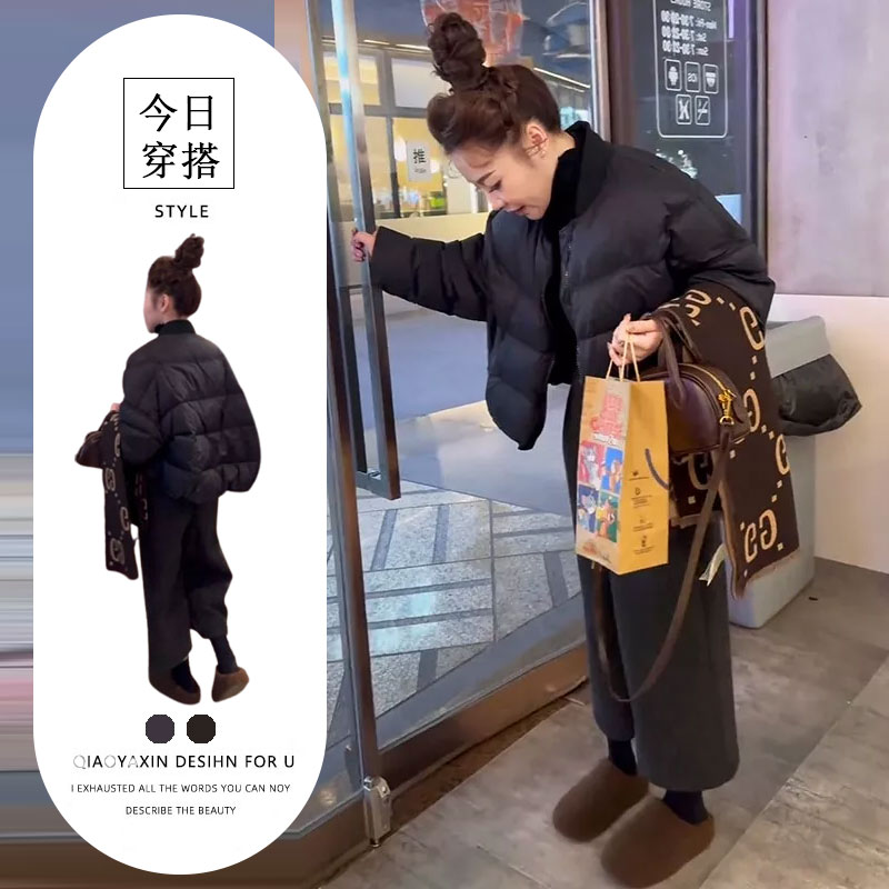 2025冬季新款韩版宽松时尚保暖宽松棉服女短款外套灰色裤子两件套