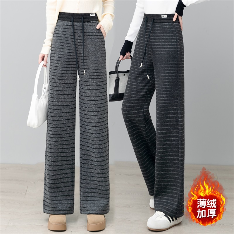 加绒加厚羊毛呢条纹阔腿裤女秋冬2025新款松紧高腰抽绳垂感直筒裤