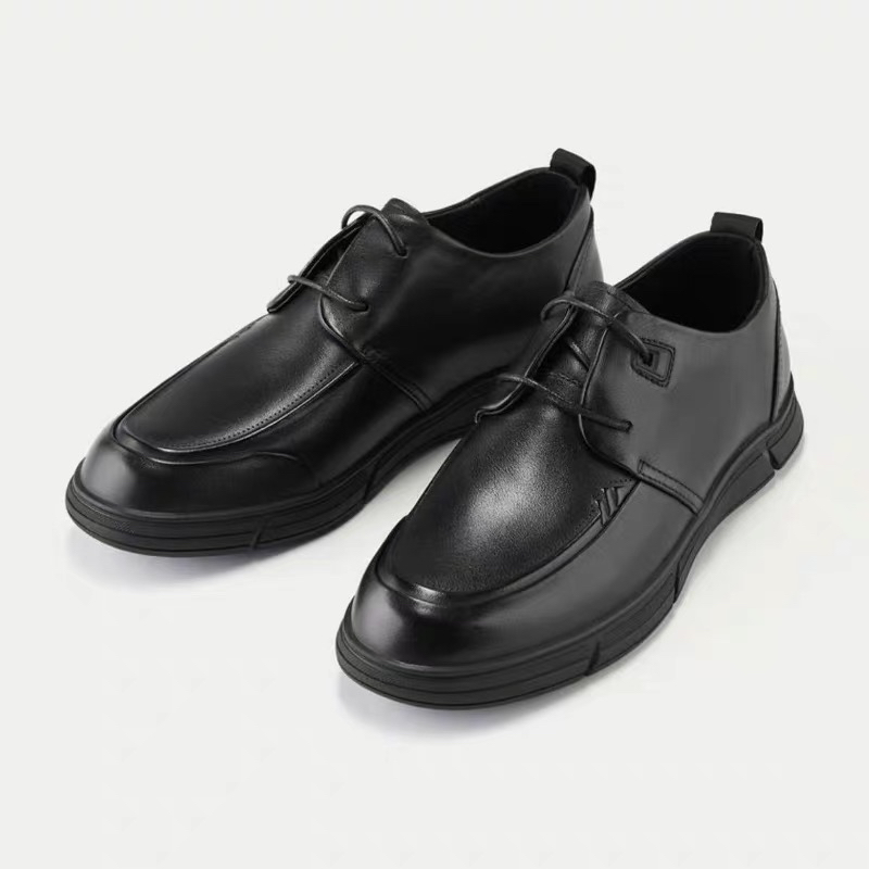 076简约风休闲皮鞋单鞋男士舒适休闲鞋黑色圆头低帮百搭时尚系带
