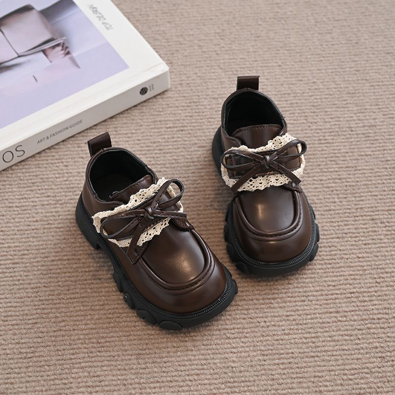 2025秋季新款加绒韩版女童蕾丝蝴蝶结公主皮鞋软底防滑保暖乐福鞋