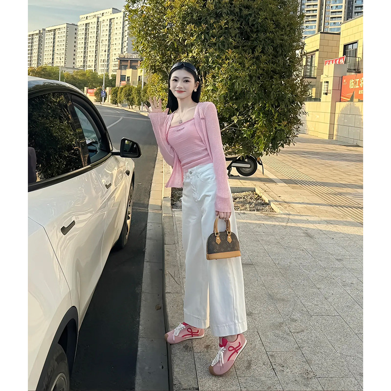 2025春秋装新款韩版气质显瘦洋气吊带+针织开衫+阔腿裤时尚三件套