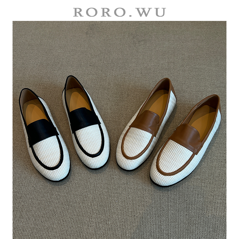 娆娆吴·头层牛皮简约拼色编织森系田园风日常休闲百搭单鞋D926