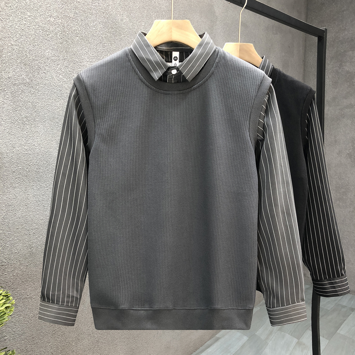 昆加希毕休闲假两件卫衣男衬衫领袖上衣秋冬季新款男士打底衫