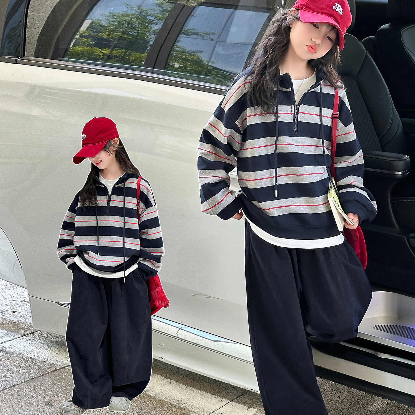 女童卫衣套装春秋款2025新款儿童洋气休闲条纹打底衫上衣阔腿裤潮