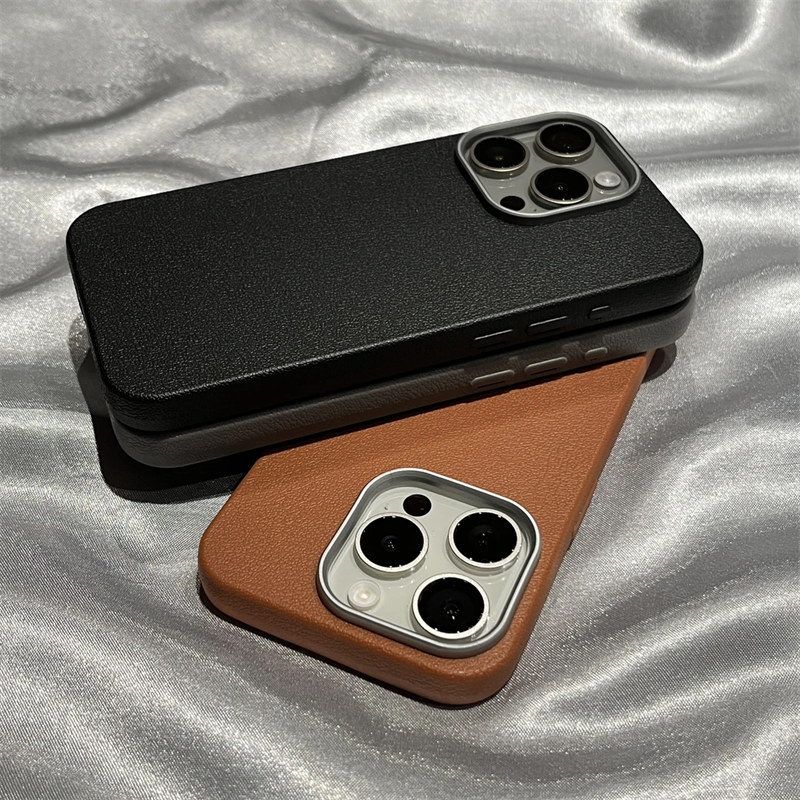 简约高级金属框荔枝纹适用iPhone16promax华为P70oppo小米15vivo