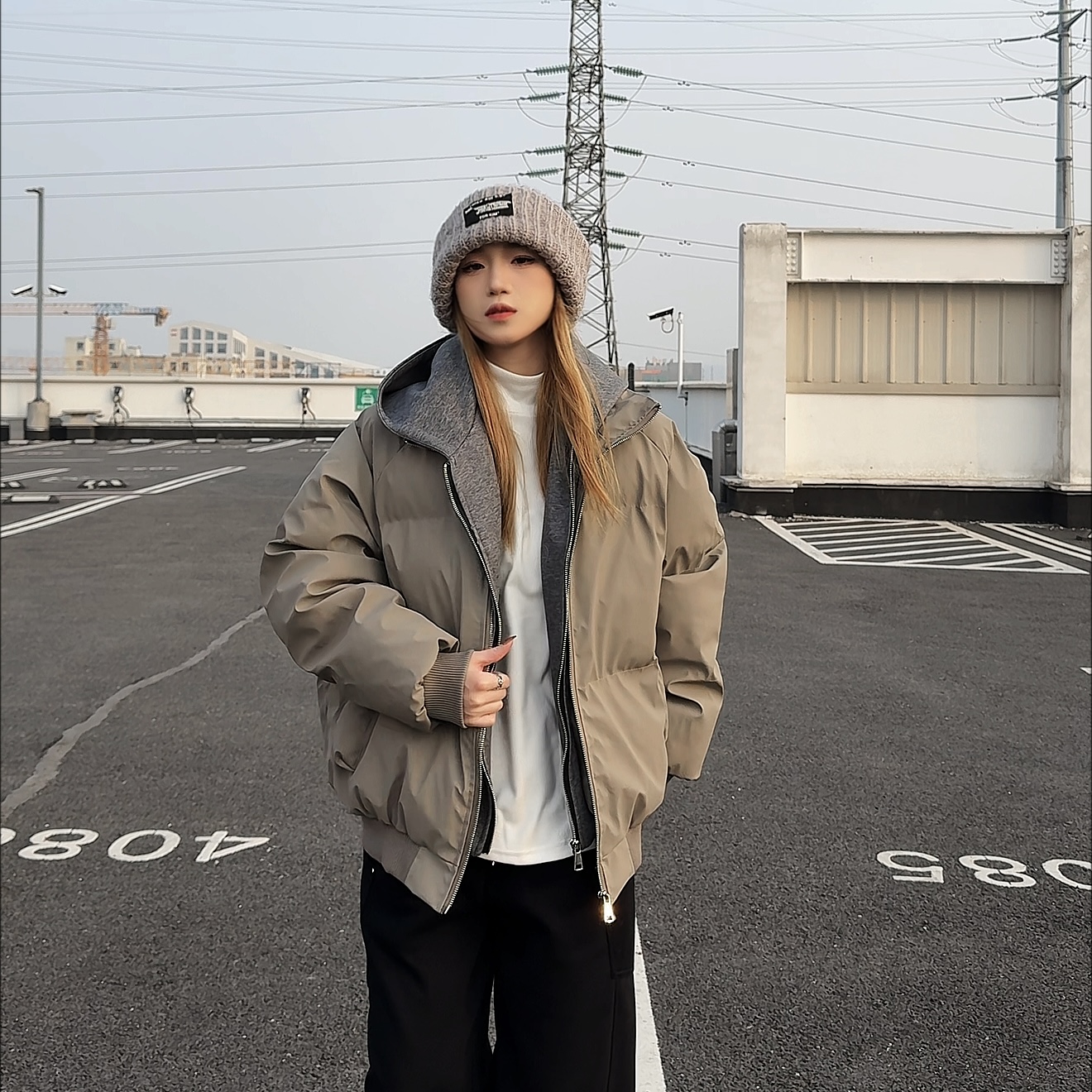 【现货+假两件】冬季连帽PU皮双拉链加厚棉服男女同款宽松保暖棉衣