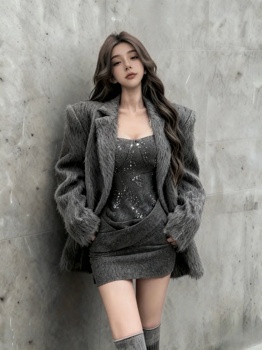 【雾巷遗暮】秋冬新款西装毛呢外套配辣妹显瘦百搭收腰亮片吊带裙女