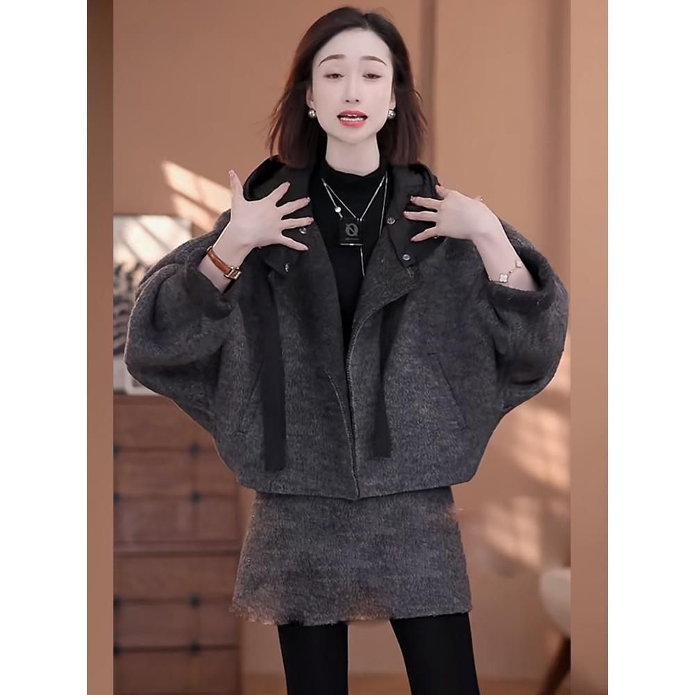 黑色气质休闲时尚双面大衣女秋冬短款宽松韩系小个子毛呢外套