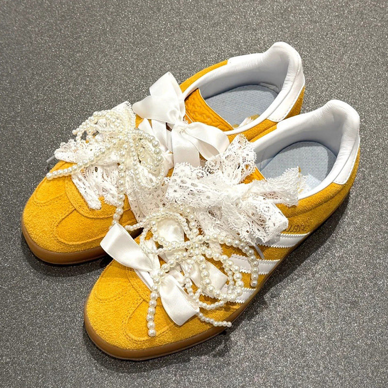 蕾丝鞋带阿迪德训鞋gazelle芭蕾风白色丝带diy装饰珍珠蝴蝶结鞋扣
