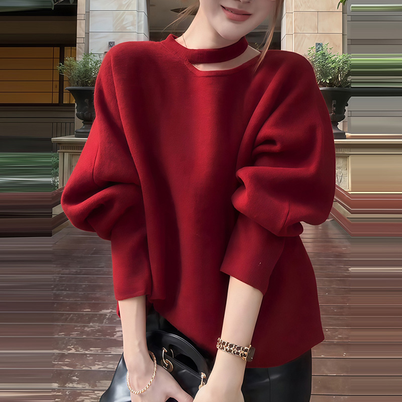 M932设计感挂脖红色针织衫长袖秋冬高级感2025新款爆款超好看上衣