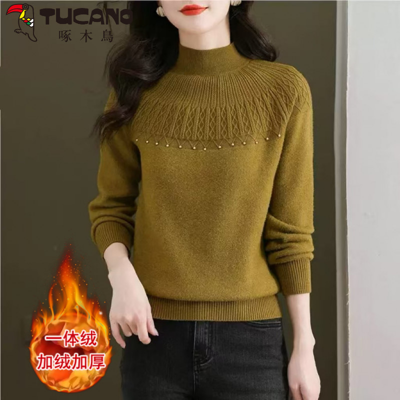 啄木鳥加绒加厚一体绒毛衣女短款秋冬羊毛衫宽松中年妈妈针织打底
