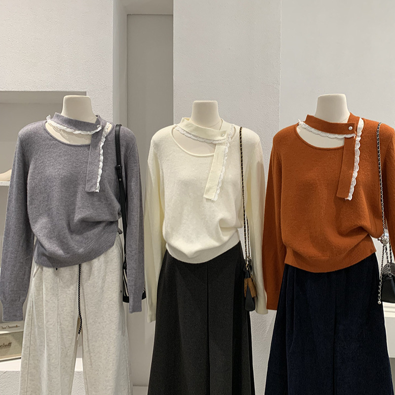 圆领蕾丝花边飘带长袖针织衫女宽松显瘦百搭针织衫潮