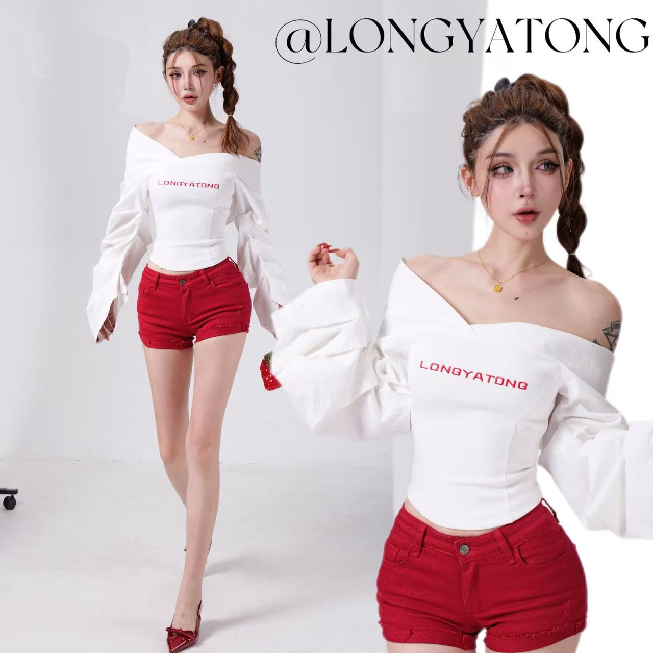 龙牙童推荐【柔肩白衫】显瘦透气一字领字母大V领白色T恤长袖内搭