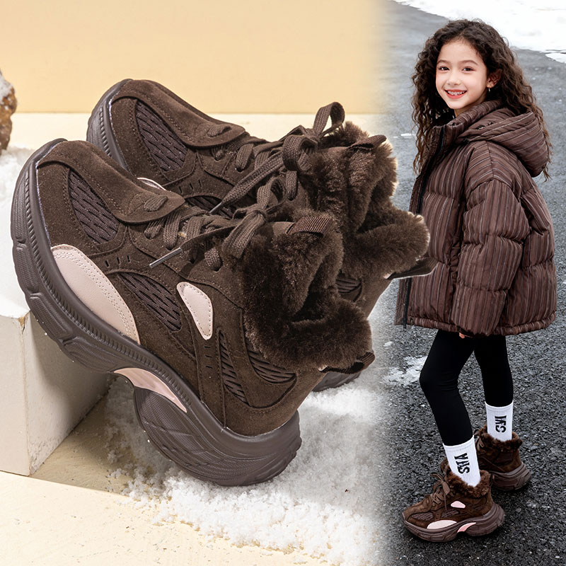 女童运动棉鞋2025冬季新款儿童高帮中大童加绒加厚百搭复古老爹鞋