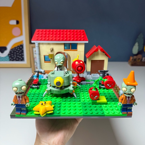 古迪积木植物大战僵尸人仔前院场景豌豆射手西瓜投手儿童拼装玩具