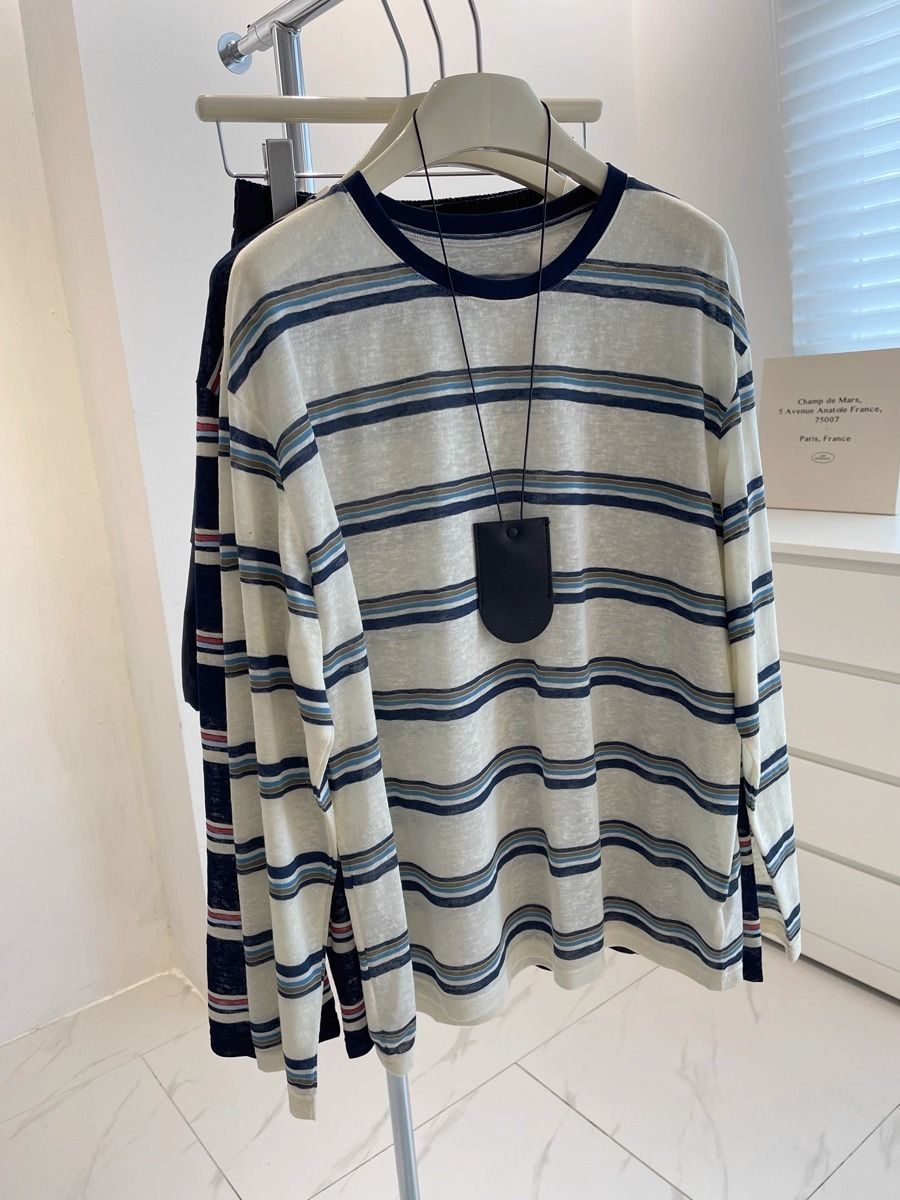 慵懒感复古百搭撞色领条纹防晒衫夏季垂感宽松显瘦休闲长袖韩版