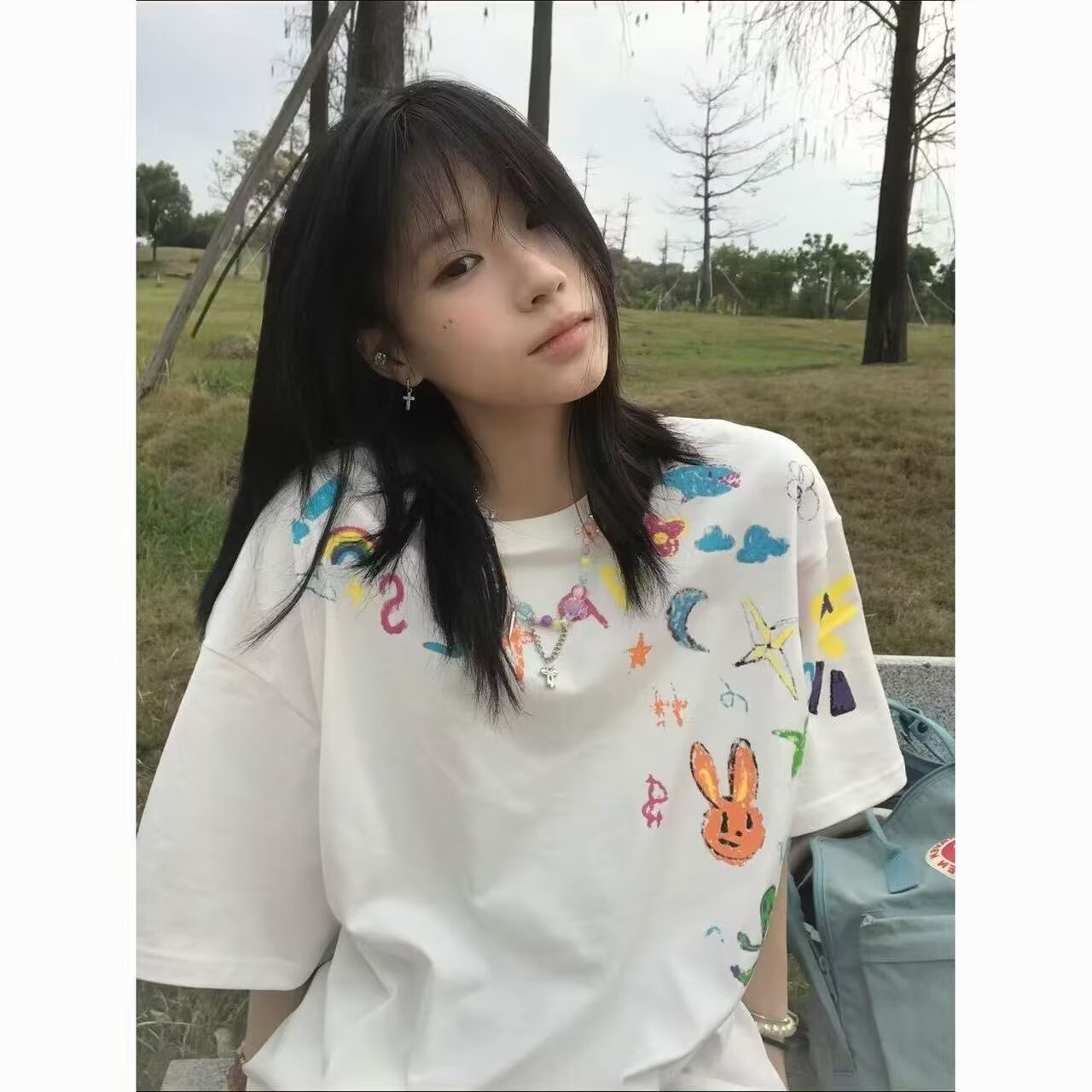 夏季白色手绘涂鸦短袖时尚女2025新款小众半袖韩版创意绝美上衣