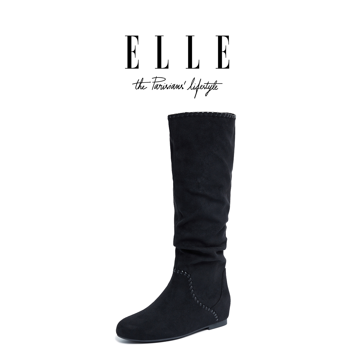 ELLE内增高长筒堆堆靴女2025新款美拉德复古不过膝高筒西部骑士靴