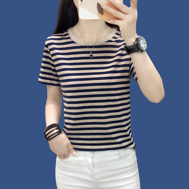 夏装新款棉质短袖T恤女宽松条纹中年妈妈上衣服体恤大码半袖显瘦