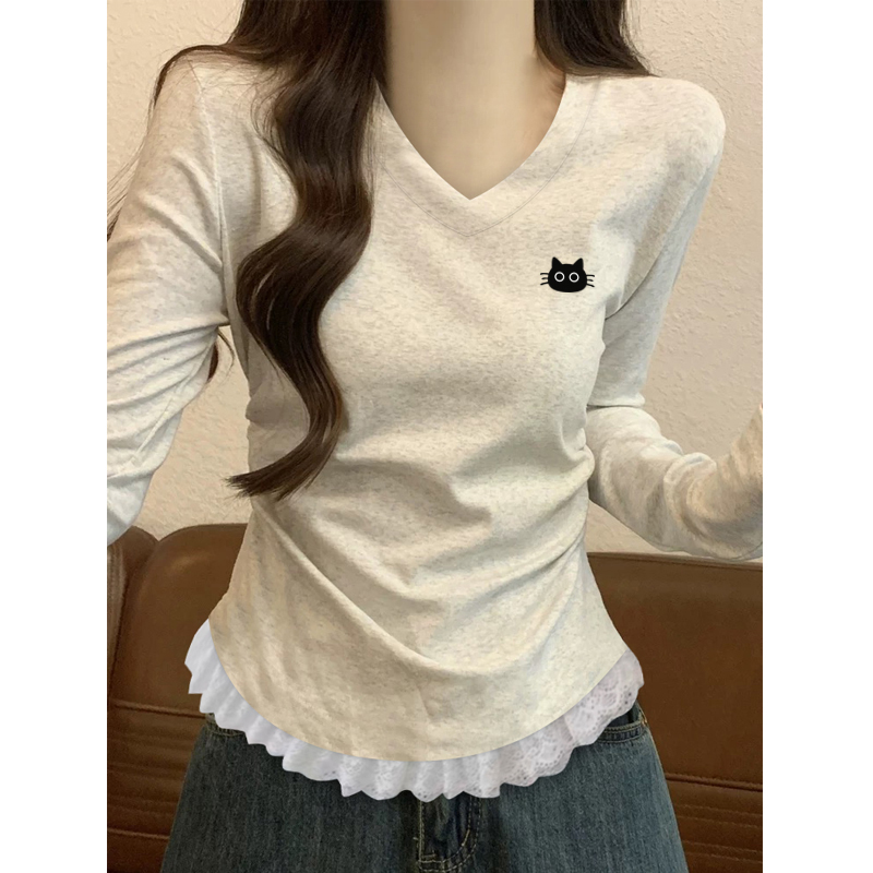 清仓捡漏~韩版独特漂亮修身长袖V领T恤打底衫女内搭显瘦早秋上衣