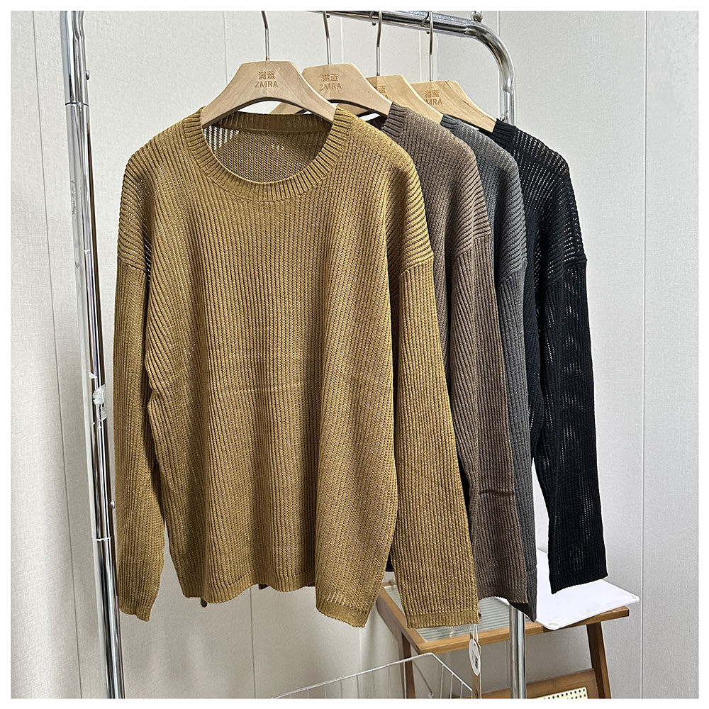 1M022春季新款女士百搭宽松镂空长袖圆领针织衫上衣