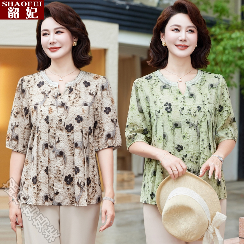 2025夏季新款上衣优雅小鹿衬衫妈妈装中老年女两件套装洋气质小衫