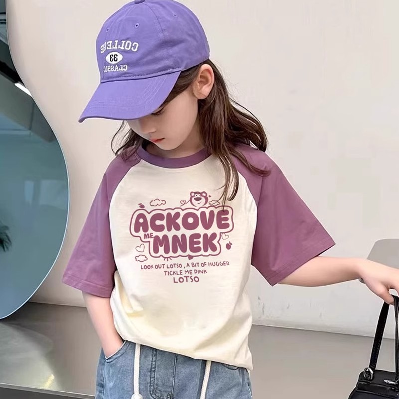 儿童纯棉撞色草莓熊短袖夏季新款T恤小衫女宝宝中小儿童半袖上衣