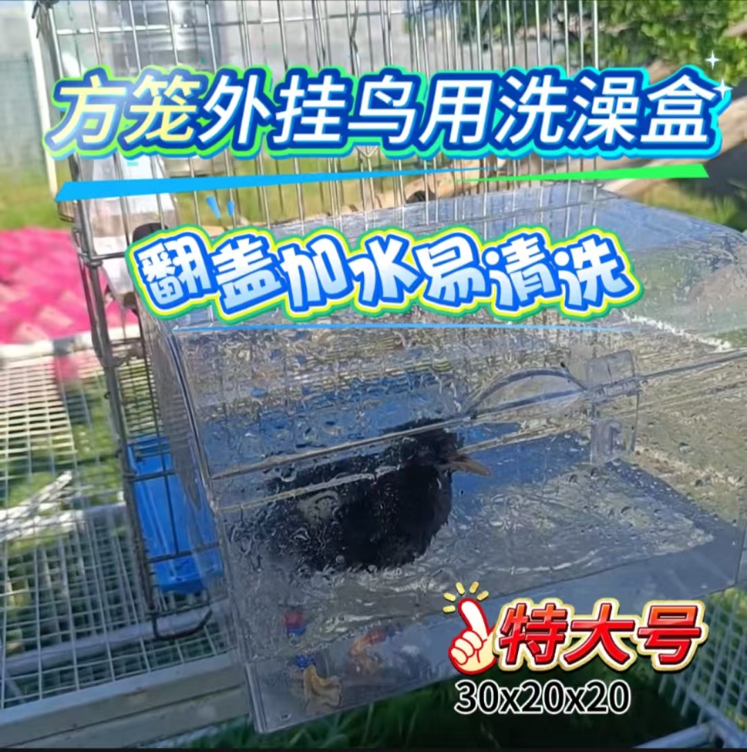 加大号八哥鹩哥鹦鹉洗澡盒新款亚克力高透明翻盖加水易清洗笼外挂