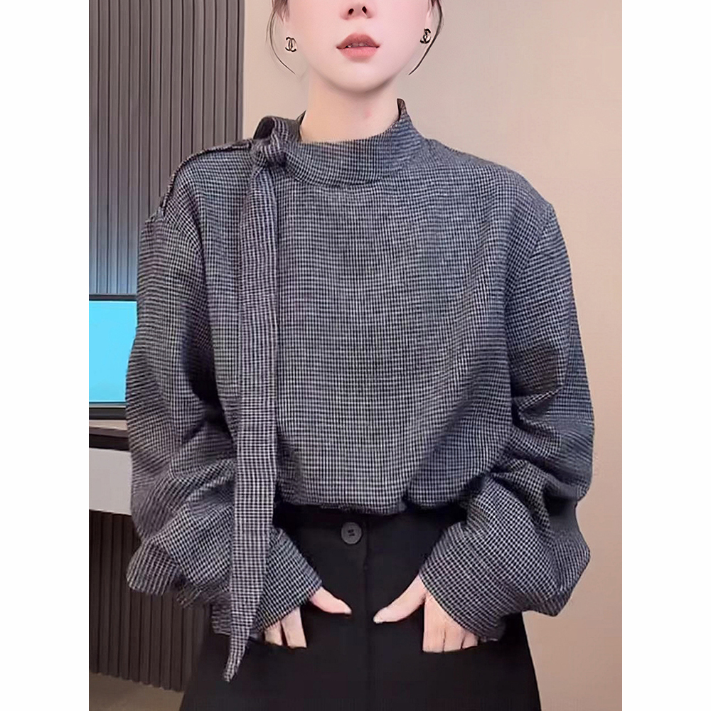 复古格子衬衫女2025秋季新款高级感洋气减龄宽松显瘦飘带立领上衣
