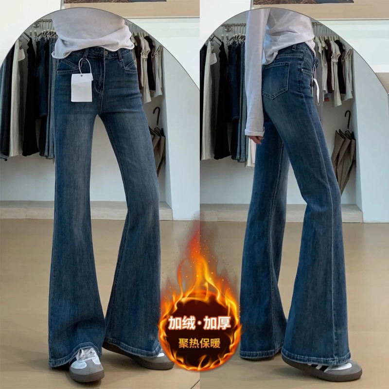 雪千羽美式复古加绒微喇牛仔裤女2025秋冬新款高腰弹力修身喇叭裤