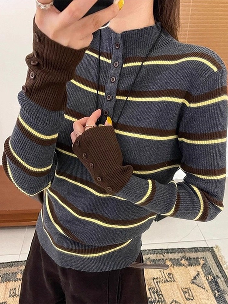 圆领韩版女长袖条纹针织毛针织衫宽松网红复古高领排扣
