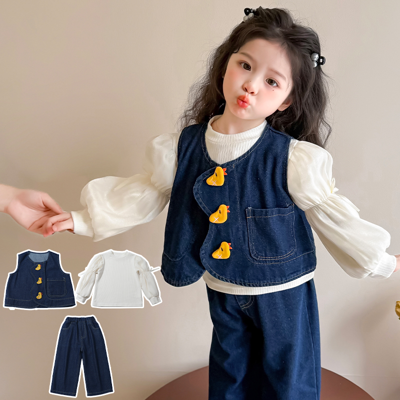 女童马甲三件套装新款洋气女宝宝韩版牛仔马甲三件套春季儿童衣服