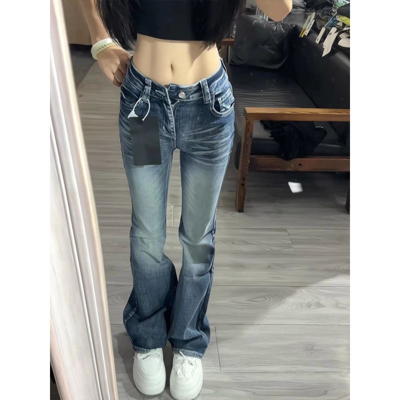 美式高街水洗猫须微喇牛仔裤女秋冬低腰弹力修身显瘦窄版直筒裤子