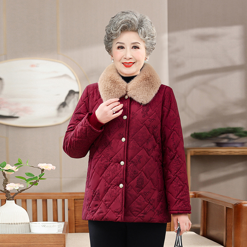 奶奶冬装棉袄加绒加厚保暖喜庆红色婚宴翻领中老年妈妈装冬季棉衣