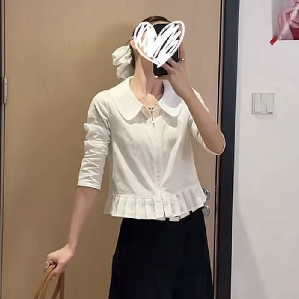 大码胖mm气质娃娃领压褶长袖白色衬衫女秋季时尚法式宽松衬衣上衣